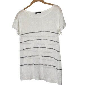 Eileen Fisher Womens Petite Striped Linen T-Shirt sz Small White Gray Loose Knit